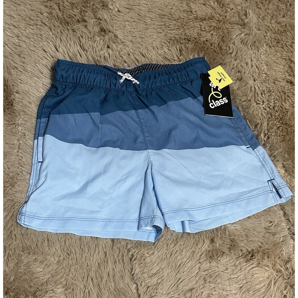 Class Boys Blue Colorblock Swim Trunks S (6/7) Drawstring UV Back Pocket